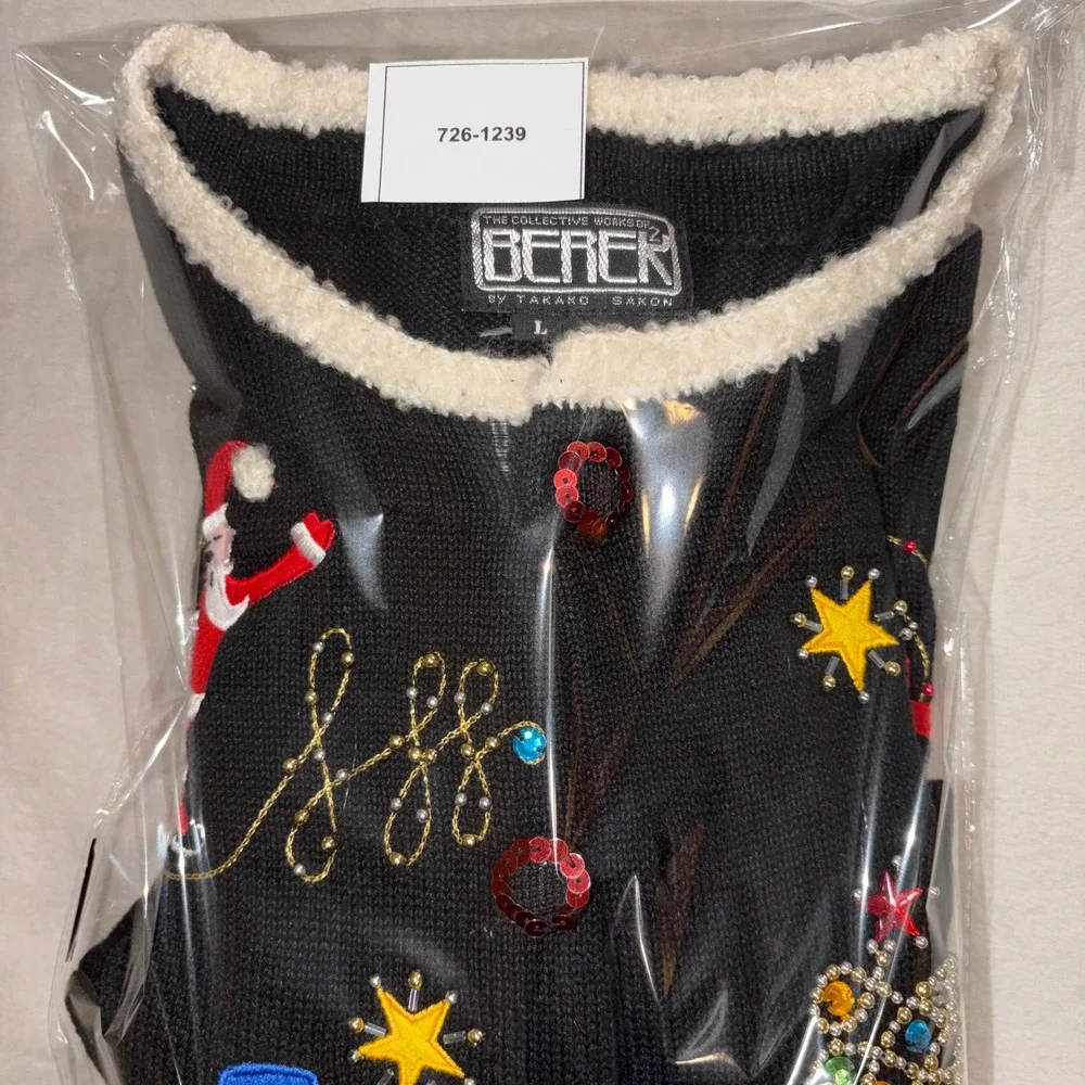 Vintage Berek Christmas Cardigan Sweater Womens Large Black Sequin Santa Holiday